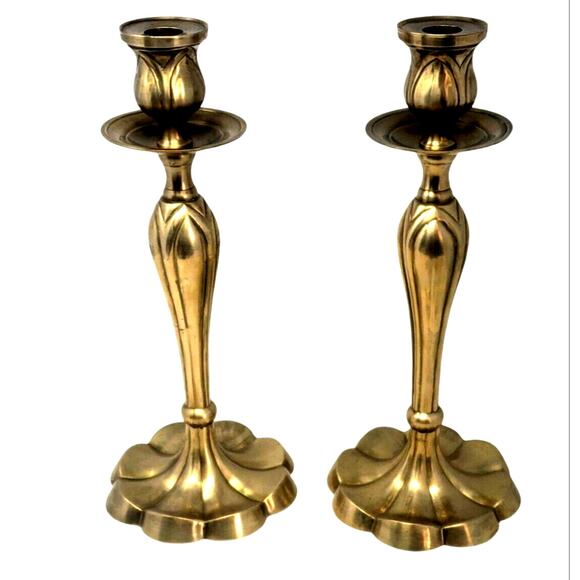 2 MCM Brass Candlesticks Holders Heavy 13" Tall Tapered Heavy Vtg Academia Goth - Picture 1 of 5